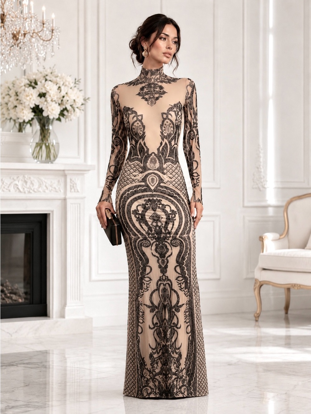 STUNNING KIKIRIKI Vintage-Vibe Baroque Mesh Tattoo Maxi Dress Size M